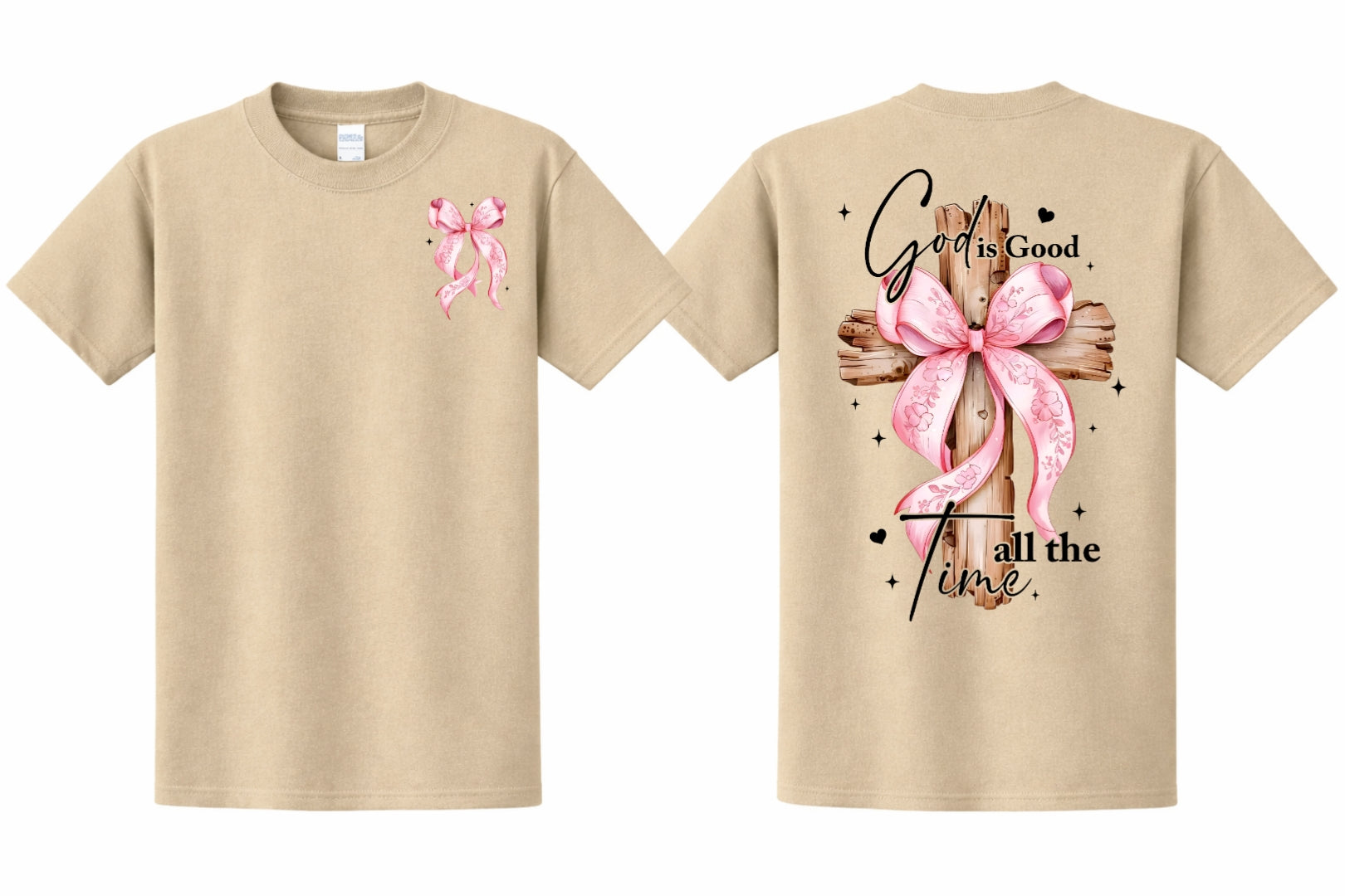 Beige t-shirt with a pink bow on the front and a big cross on the back