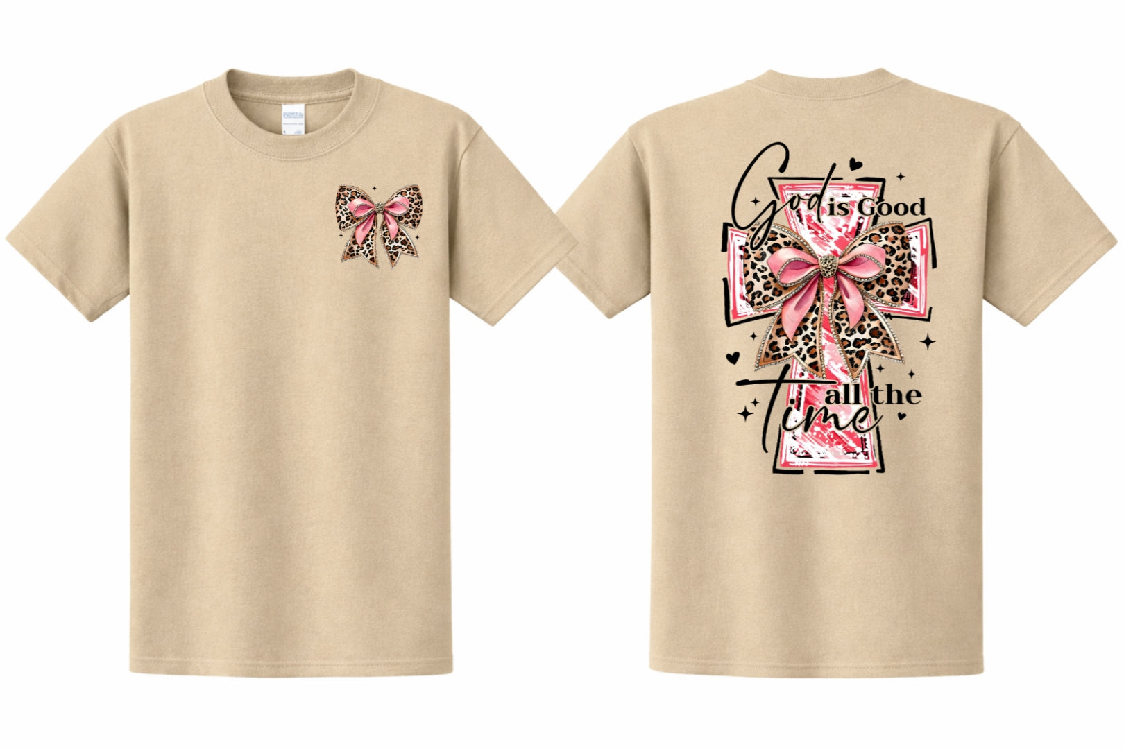 Beige t-shirt with pink and cheetah  bow on the front and big pink and cheetah print cross on the back