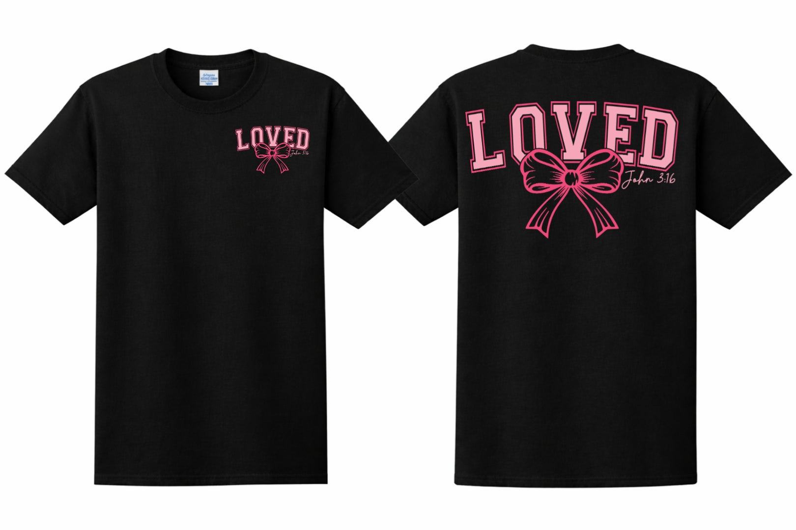 Black t-shirt with 'LOVED' and a bow graphic on front and back side