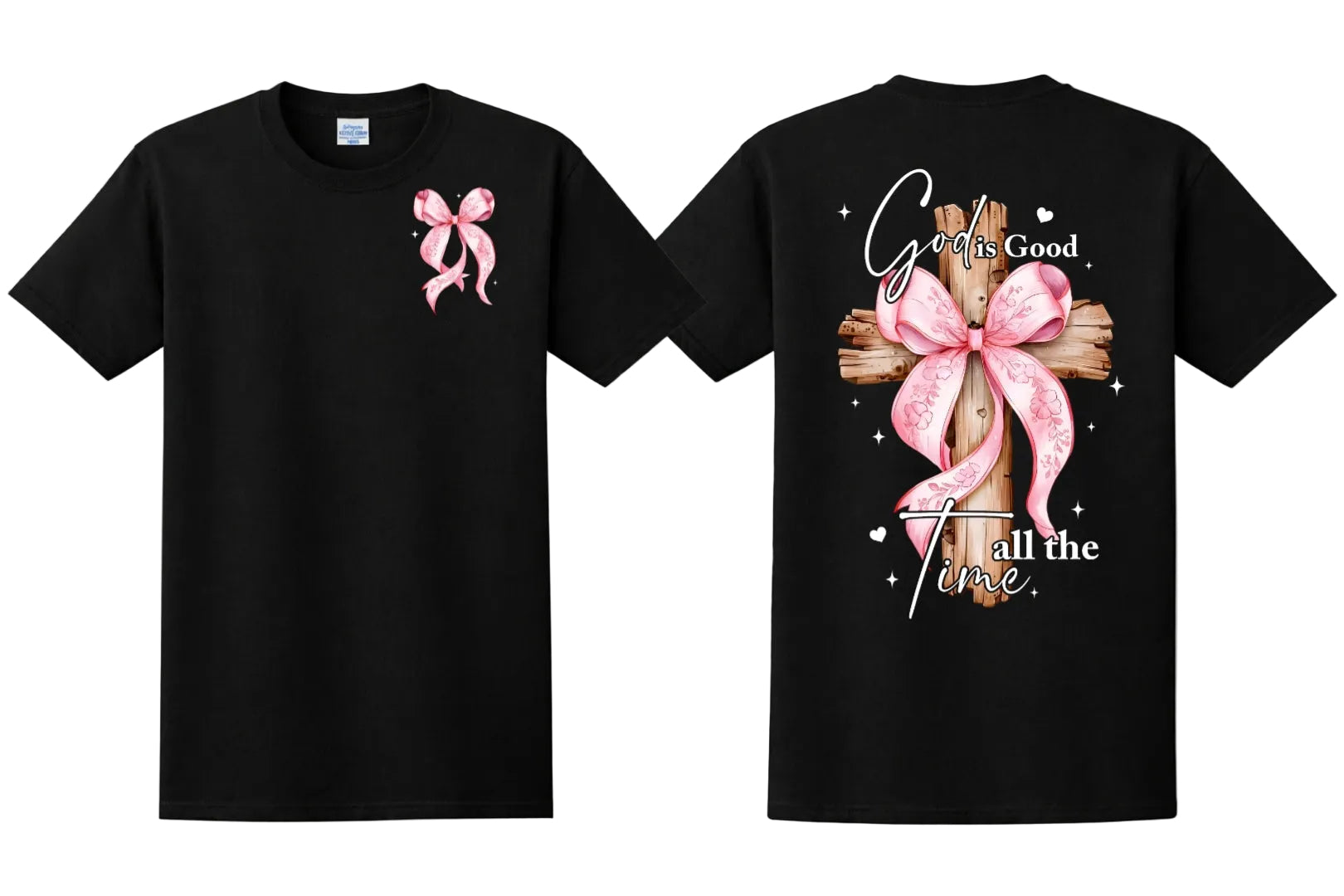 Black t-shirt with pink bow and cross design on a white background