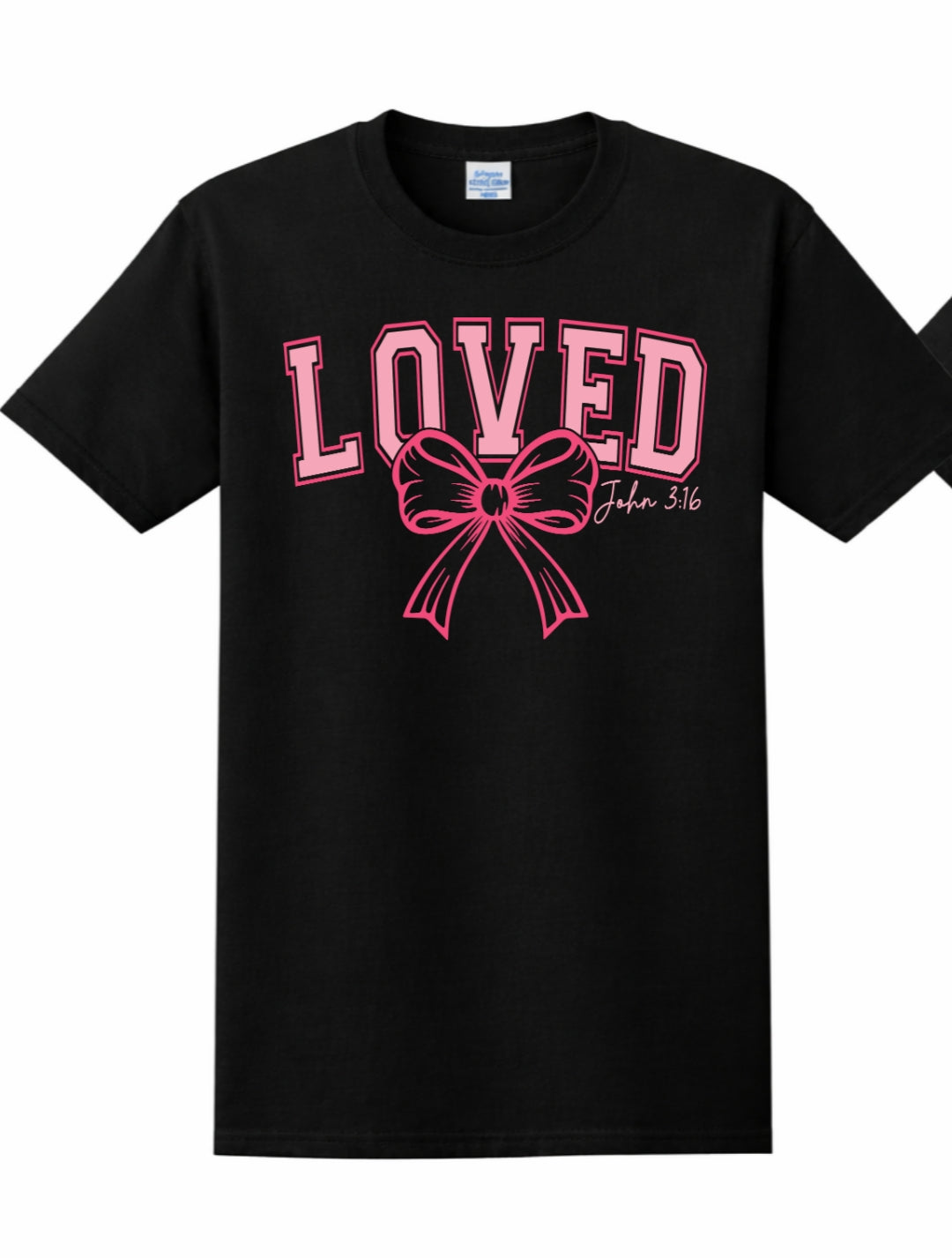 Black tshirt with Big Pink Loved with pink bow just on the front