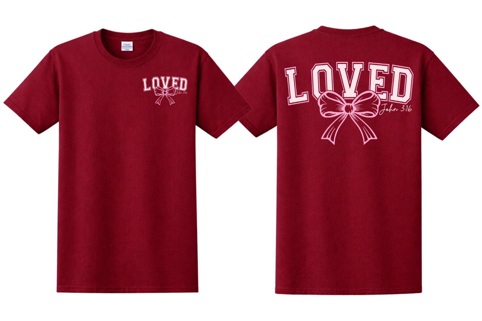 Burgandy t-shirt with 'LOVED' and a bow graphic on front and back side
