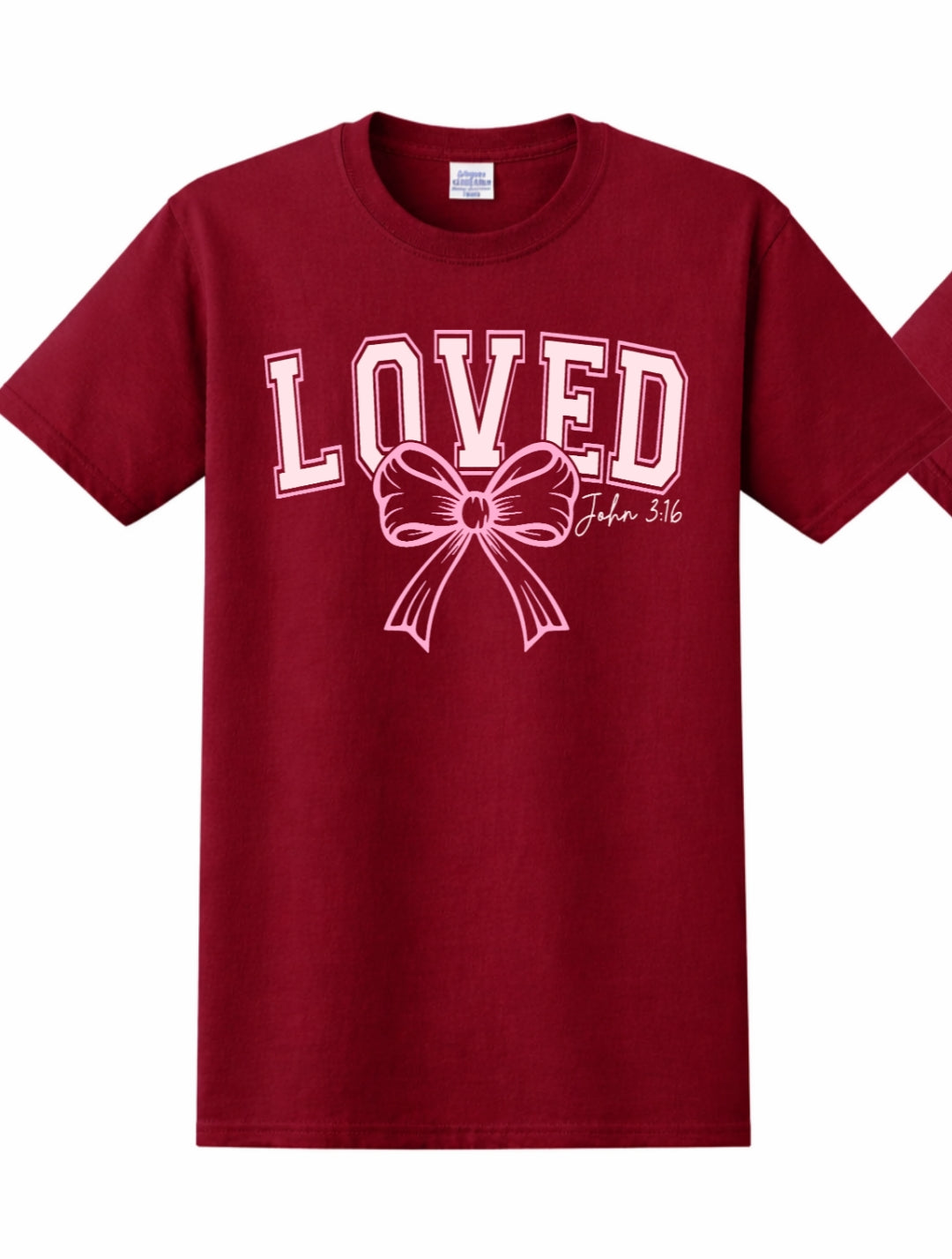 Burgandy tshirt with Big Pink Loved with pink bow just on the front