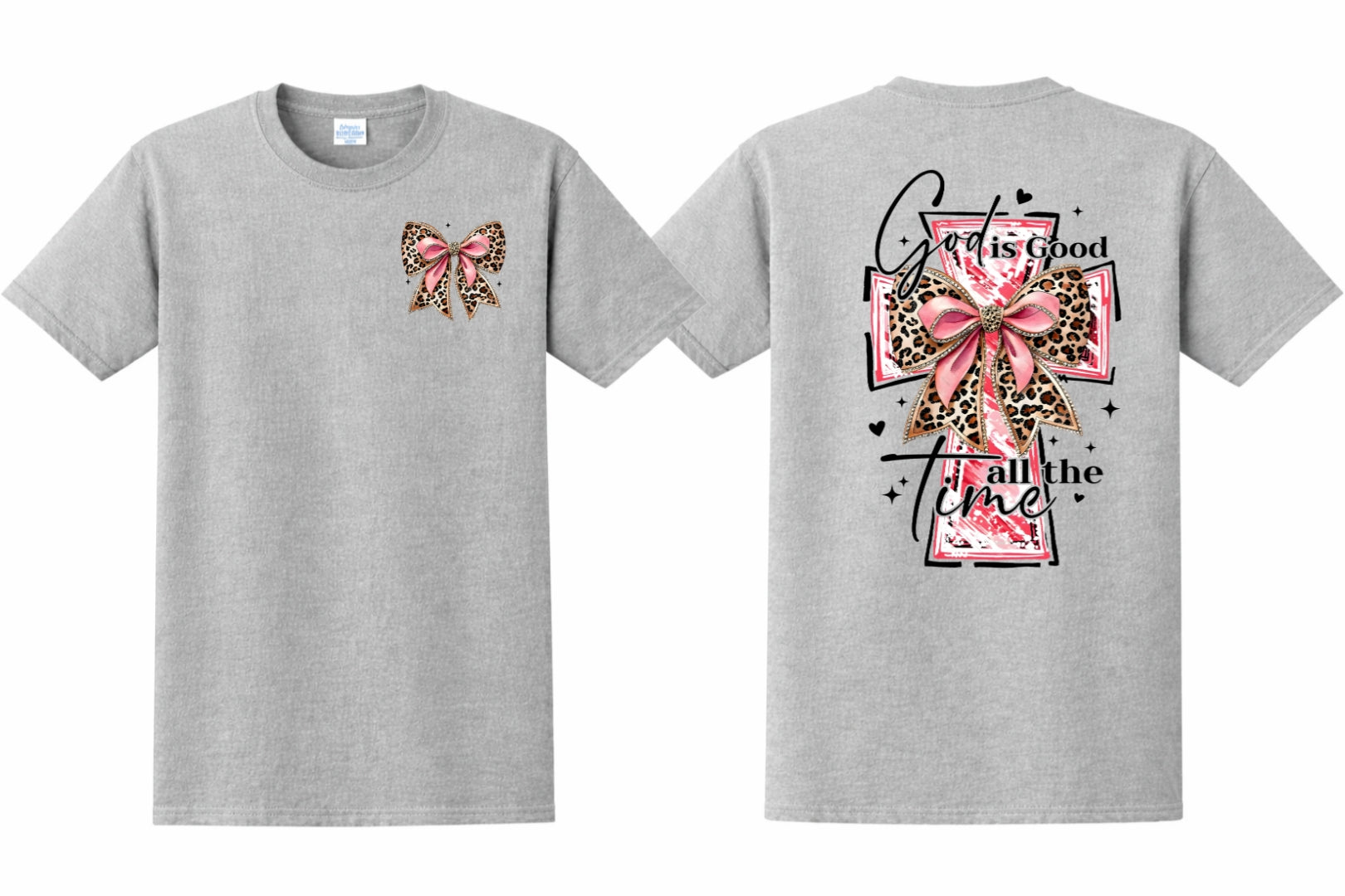 Gray t-shirt with pink and cheetah  bow on the front and big pink and cheetah print cross on the back