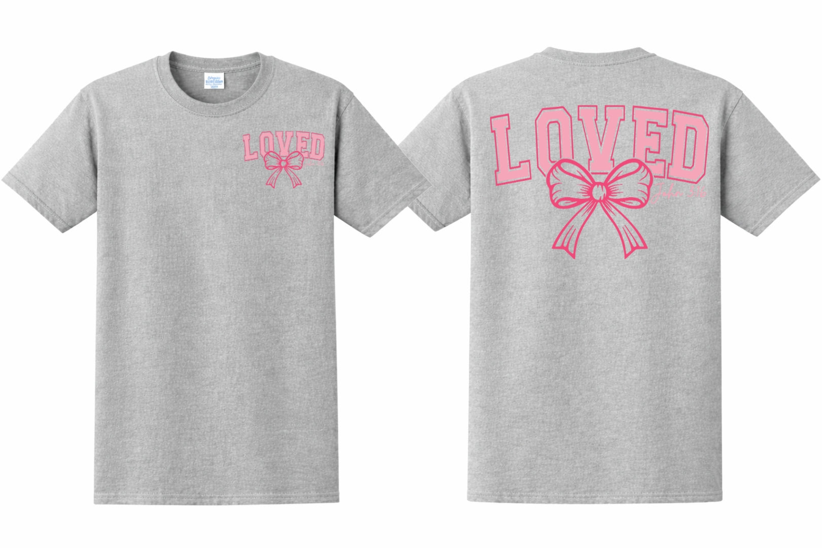 Grey t-shirt with 'LOVED' and a bow graphic on front and back side