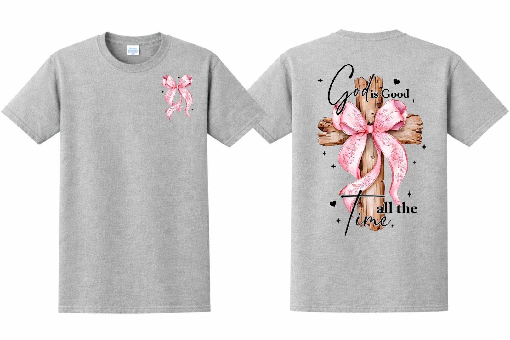 Grey t-shirt with a pink bow on the front and a big cross on the back