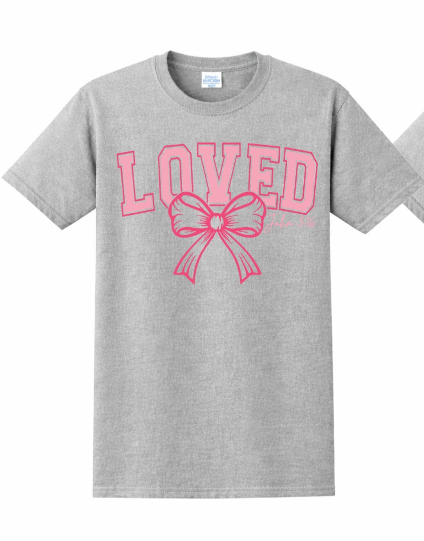 Grey tshirt with Big Pink Loved with pink bow just on the front