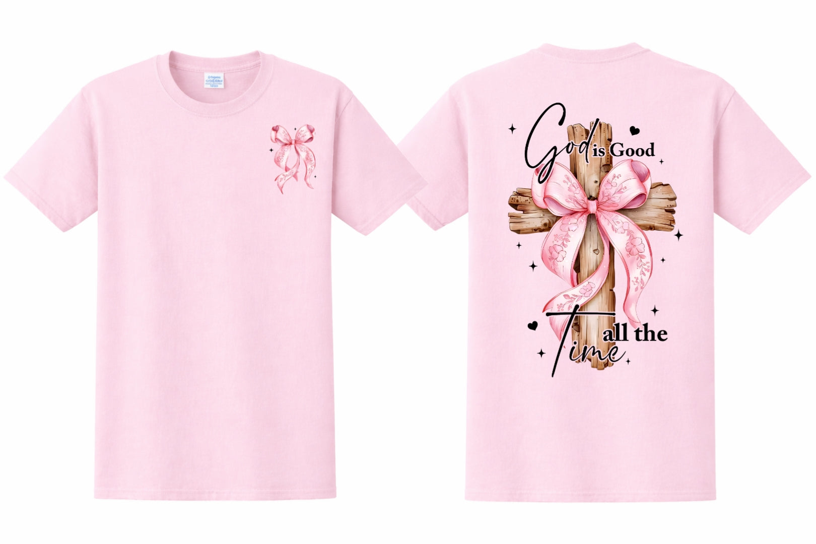 Pink t-shirt with a pink bow on the front and a big cross on the back
