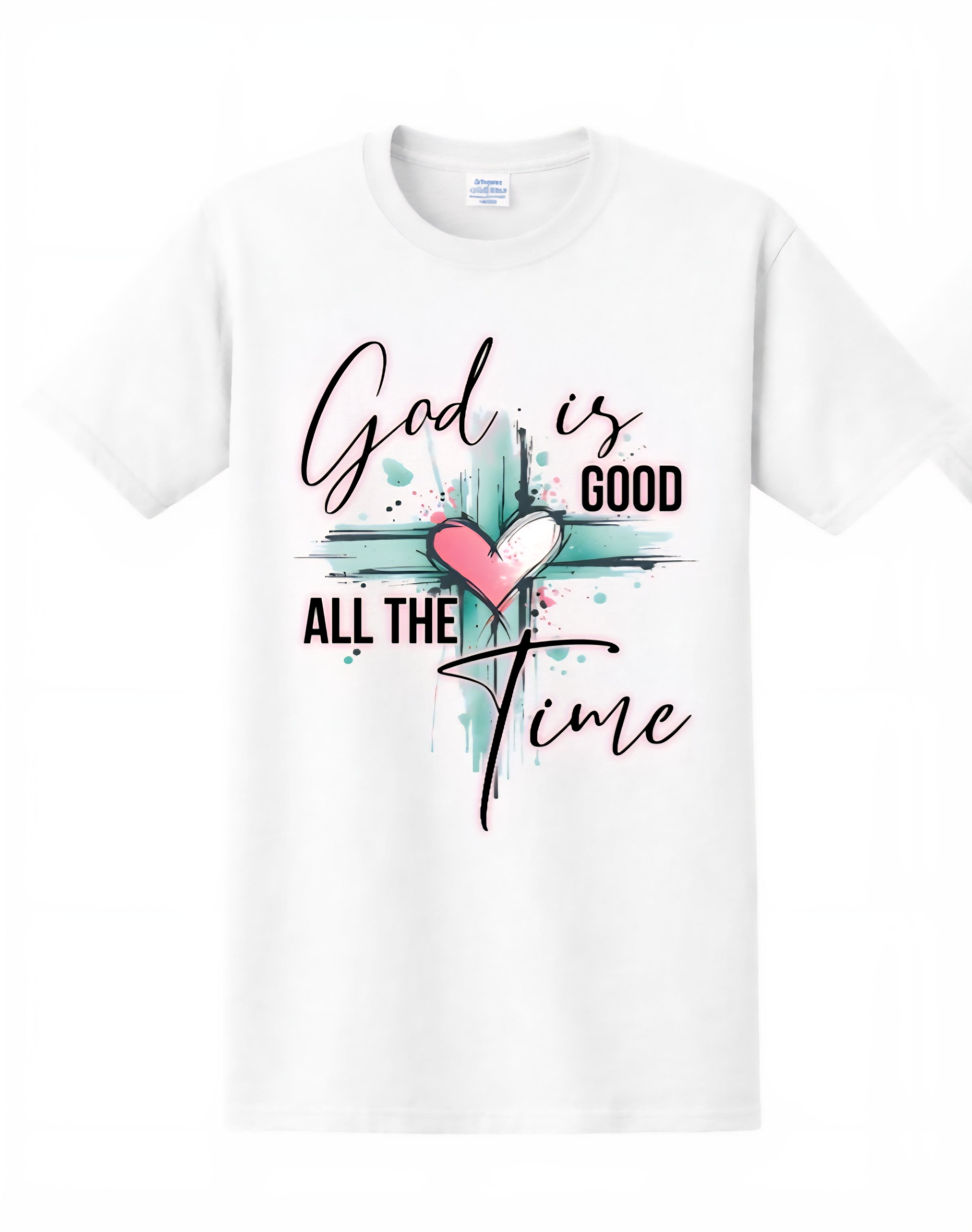 White t-shirt with 'God is Good All the Time' text and heart on cross 