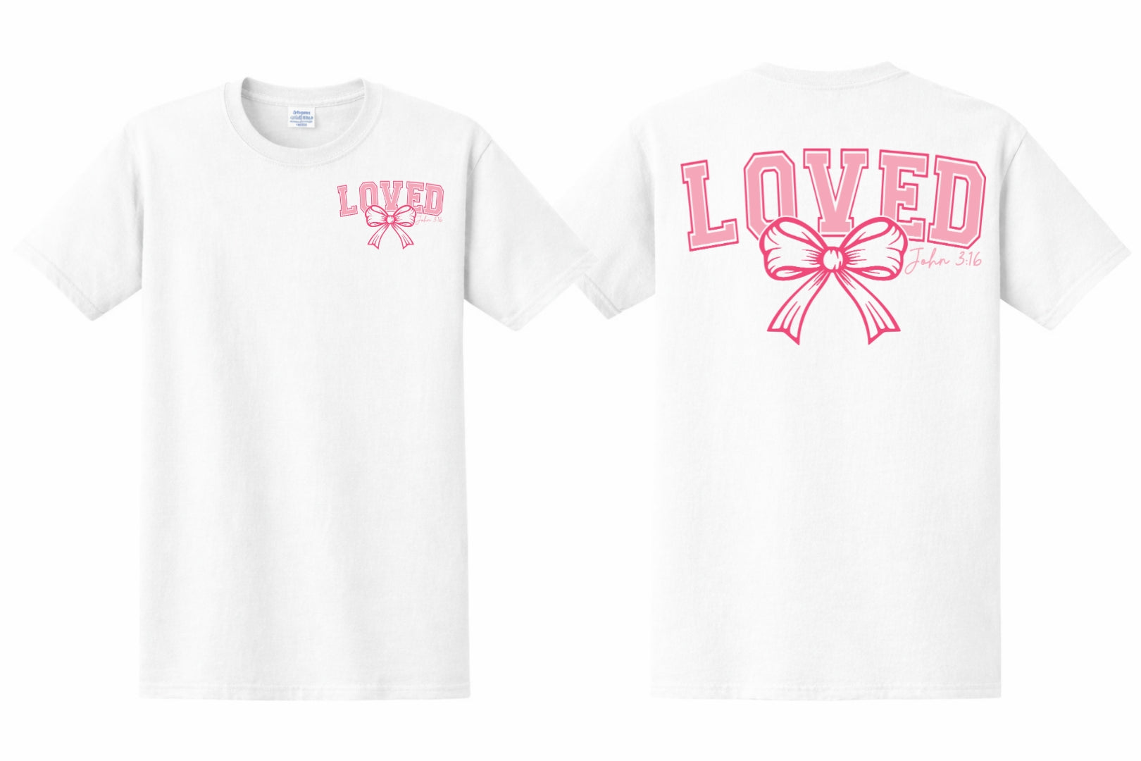 White t-shirt with 'LOVED' and a bow graphic on front and back side