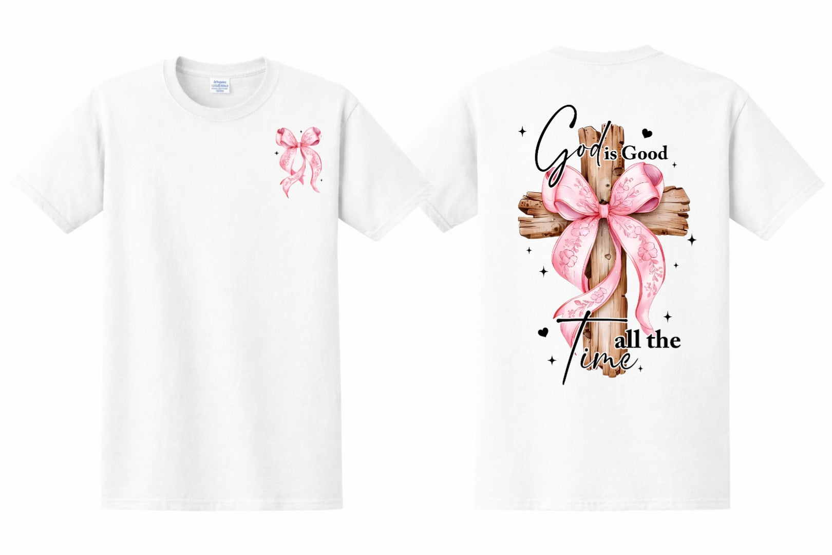 White t-shirt with a pink bow on the front and a big cross on the back