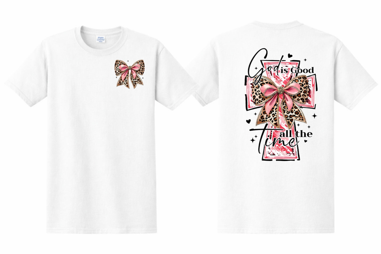 White t-shirt with pink and cheetah  bow on the front and big pink and cheetah print cross on the back