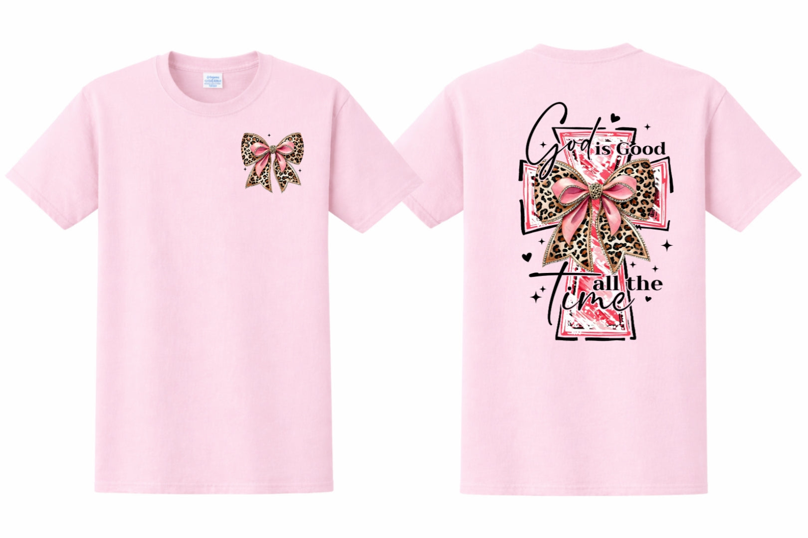 pink t-shirt with pink and cheetah  bow on the front and big pink and cheetah print cross on the back